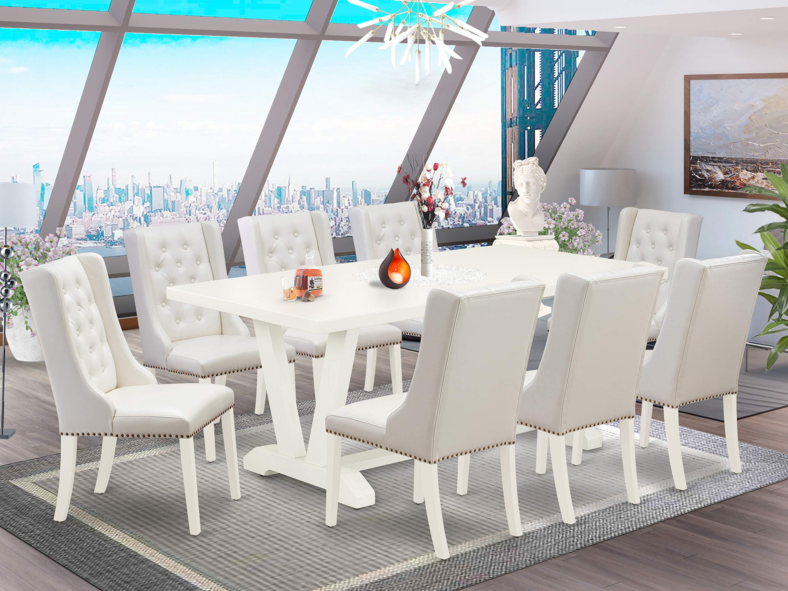 East West Furniture V027FO244-9 9 Piece Dining Set Includes a Rectangle Dining Room Table with V-Legs and 8 Light Grey Faux Leather Upholstered Chairs, 40x72 Inch, Multi-Color